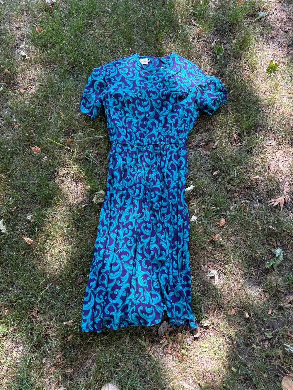 Leslie Fay Blue & Teal Scroll-Print Short-Sleeve Midi Dress